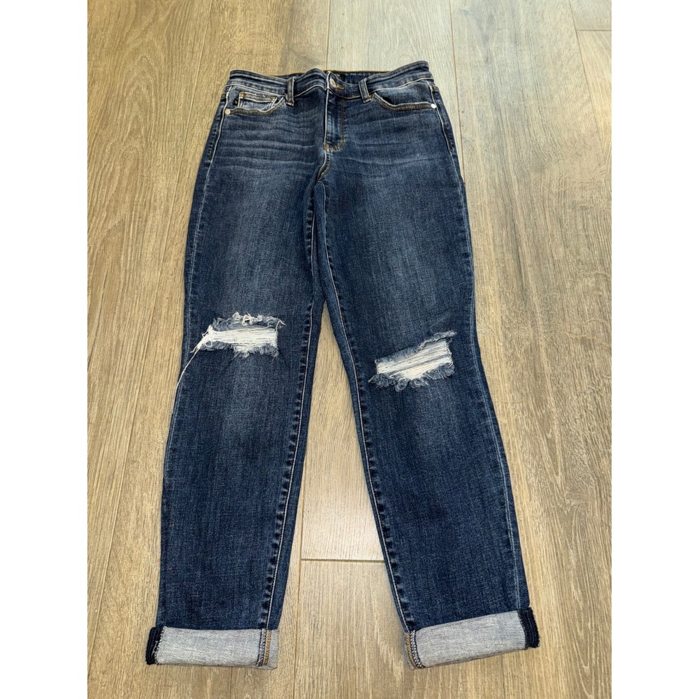 Judy Blue Slim Fit Distressed Dark Wash Cuffed Jeans Size 7/28 JB82607MD-CO